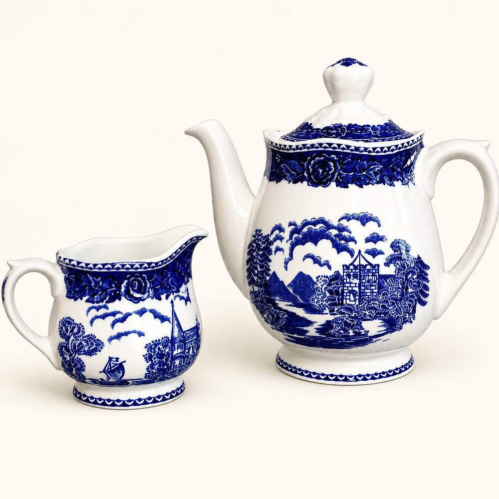 Arabia of Finland Vintage Coffee Tea Pot Creamer Blue Castle 1964–1971